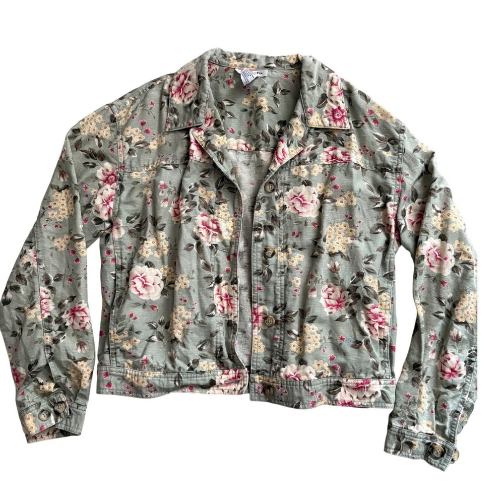 VTG Talbots Floral Linen Cotton Trucker Jacket Women M Cropped Green Cottagecore - Picture 2 of 5